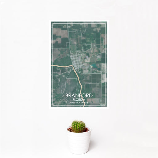 12x18 Branford Florida Map Print Portrait Orientation in Afternoon Style With Small Cactus Plant in White Planter