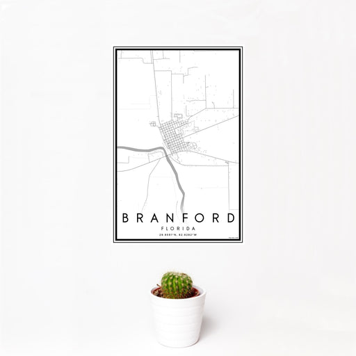 12x18 Branford Florida Map Print Portrait Orientation in Classic Style With Small Cactus Plant in White Planter