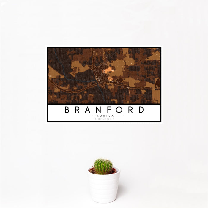 12x18 Branford Florida Map Print Landscape Orientation in Ember Style With Small Cactus Plant in White Planter