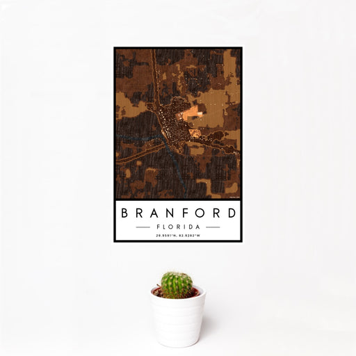 12x18 Branford Florida Map Print Portrait Orientation in Ember Style With Small Cactus Plant in White Planter