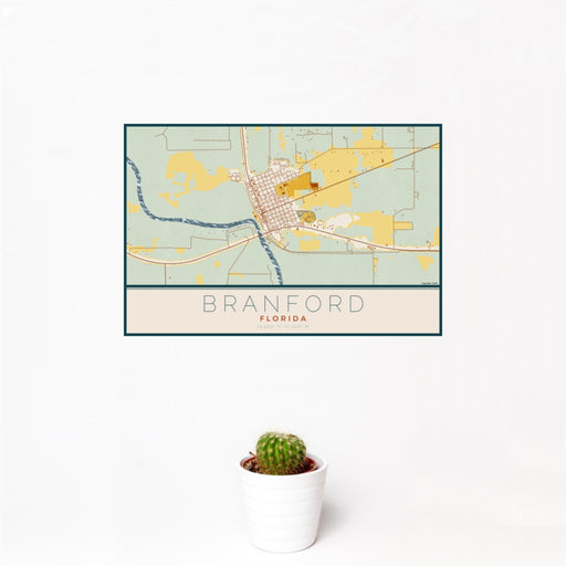 12x18 Branford Florida Map Print Landscape Orientation in Woodblock Style With Small Cactus Plant in White Planter