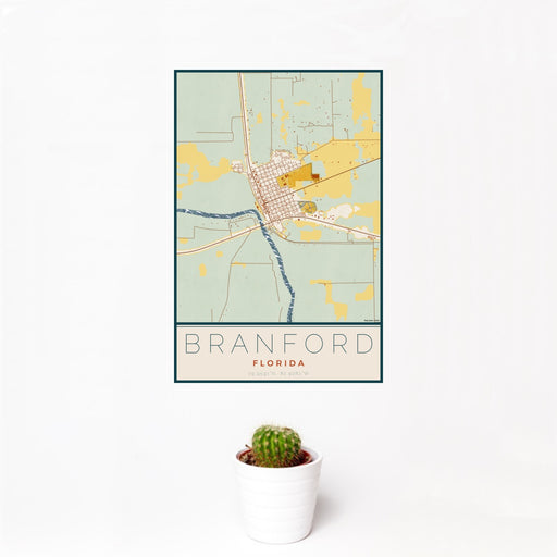 12x18 Branford Florida Map Print Portrait Orientation in Woodblock Style With Small Cactus Plant in White Planter