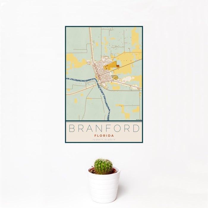 12x18 Branford Florida Map Print Portrait Orientation in Woodblock Style With Small Cactus Plant in White Planter