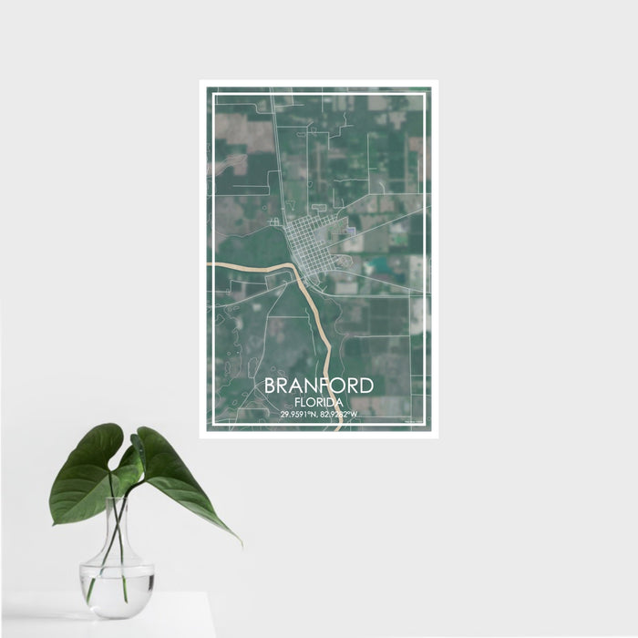 16x24 Branford Florida Map Print Portrait Orientation in Afternoon Style With Tropical Plant Leaves in Water