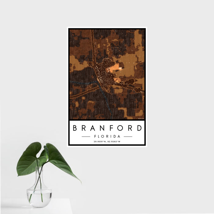 16x24 Branford Florida Map Print Portrait Orientation in Ember Style With Tropical Plant Leaves in Water