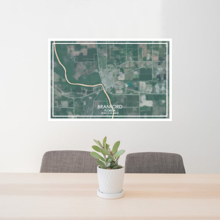 24x36 Branford Florida Map Print Lanscape Orientation in Afternoon Style Behind 2 Chairs Table and Potted Plant