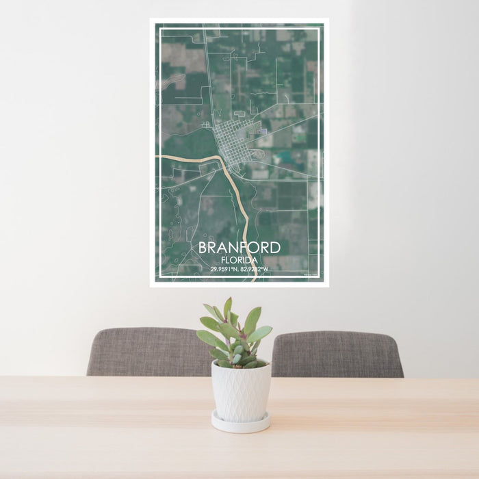 24x36 Branford Florida Map Print Portrait Orientation in Afternoon Style Behind 2 Chairs Table and Potted Plant
