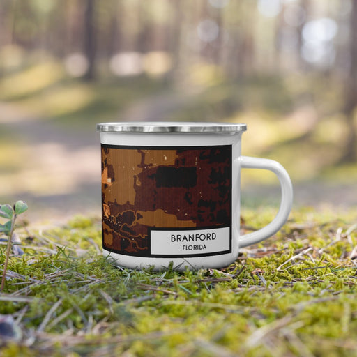 Right View Custom Branford Florida Map Enamel Mug in Ember on Grass With Trees in Background