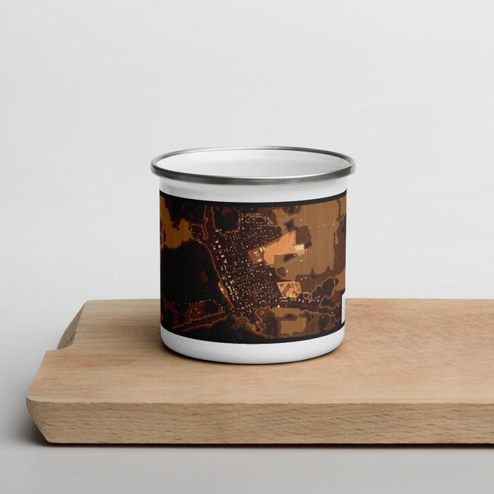 Front View Custom Branford Florida Map Enamel Mug in Ember on Cutting Board