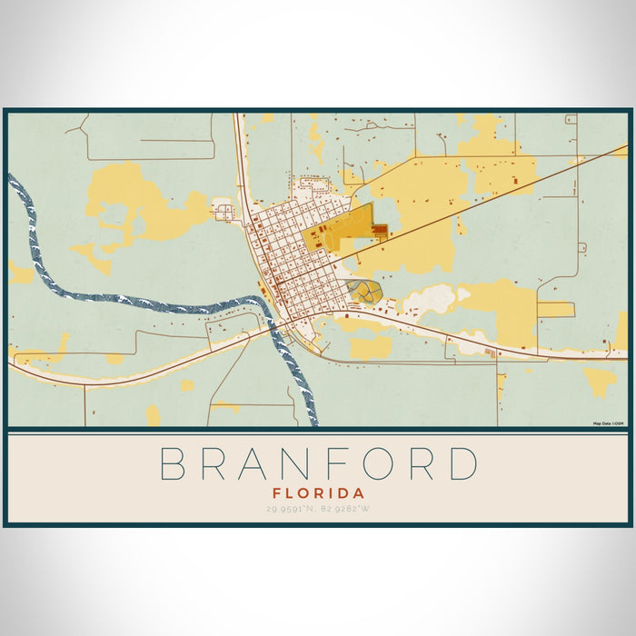 Branford Florida Map Print Landscape Orientation in Woodblock Style With Shaded Background