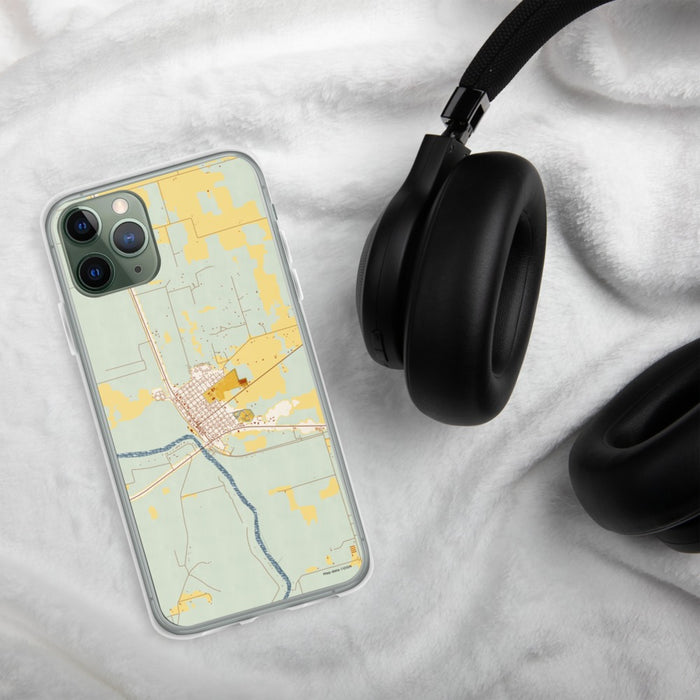 Custom Branford Florida Map Phone Case in Woodblock on Table with Black Headphones
