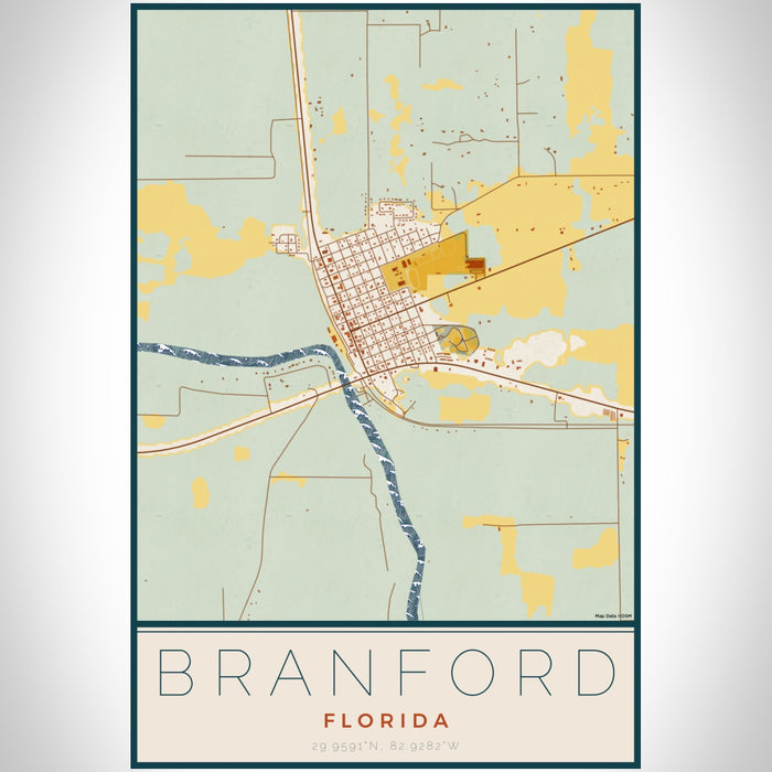 Branford Florida Map Print Portrait Orientation in Woodblock Style With Shaded Background