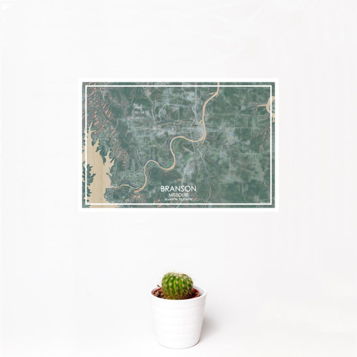 12x18 Branson Missouri Map Print Landscape Orientation in Afternoon Style With Small Cactus Plant in White Planter