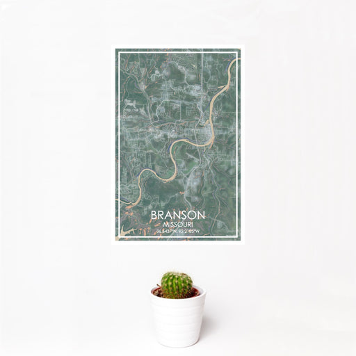 12x18 Branson Missouri Map Print Portrait Orientation in Afternoon Style With Small Cactus Plant in White Planter