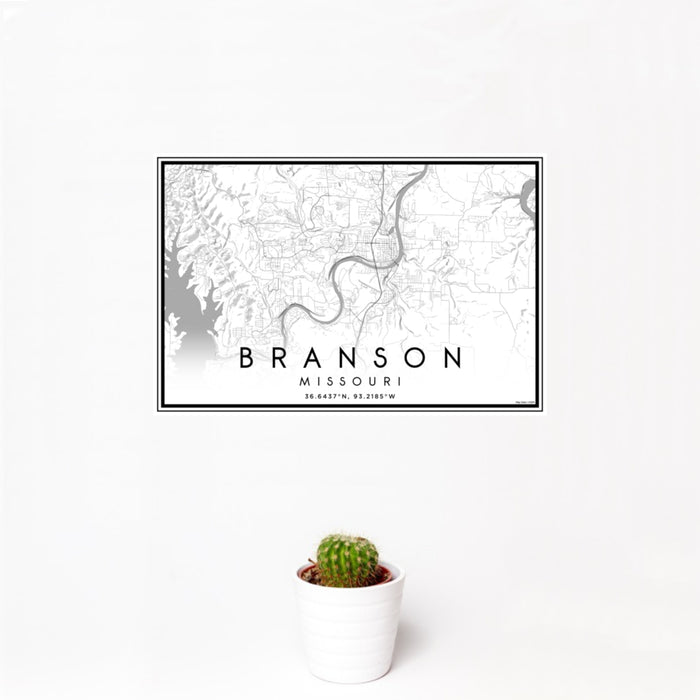 12x18 Branson Missouri Map Print Landscape Orientation in Classic Style With Small Cactus Plant in White Planter