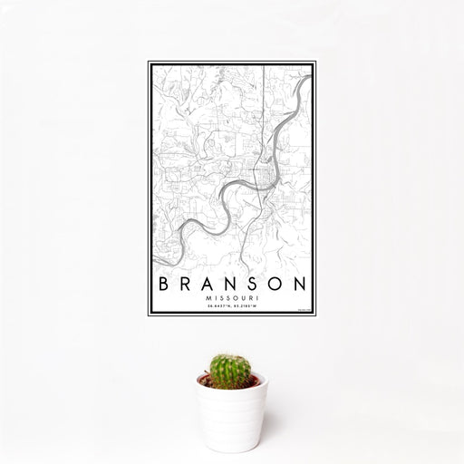 12x18 Branson Missouri Map Print Portrait Orientation in Classic Style With Small Cactus Plant in White Planter