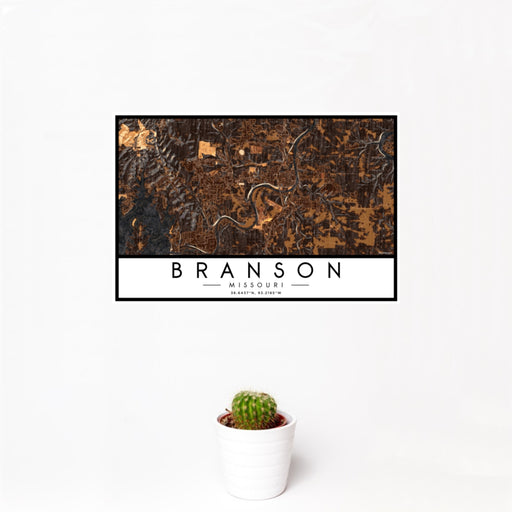12x18 Branson Missouri Map Print Landscape Orientation in Ember Style With Small Cactus Plant in White Planter