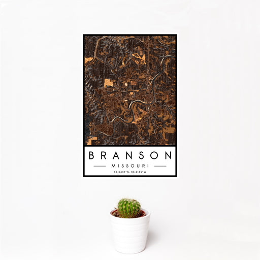 12x18 Branson Missouri Map Print Portrait Orientation in Ember Style With Small Cactus Plant in White Planter