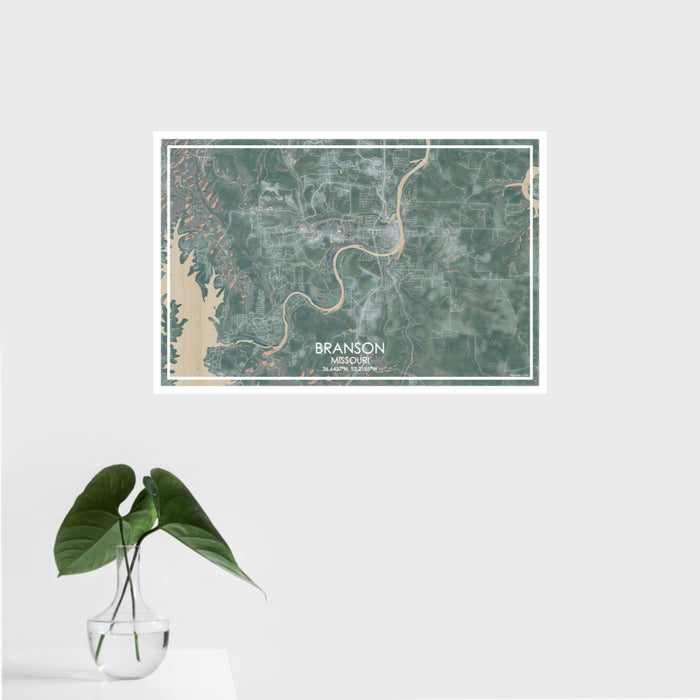 16x24 Branson Missouri Map Print Landscape Orientation in Afternoon Style With Tropical Plant Leaves in Water