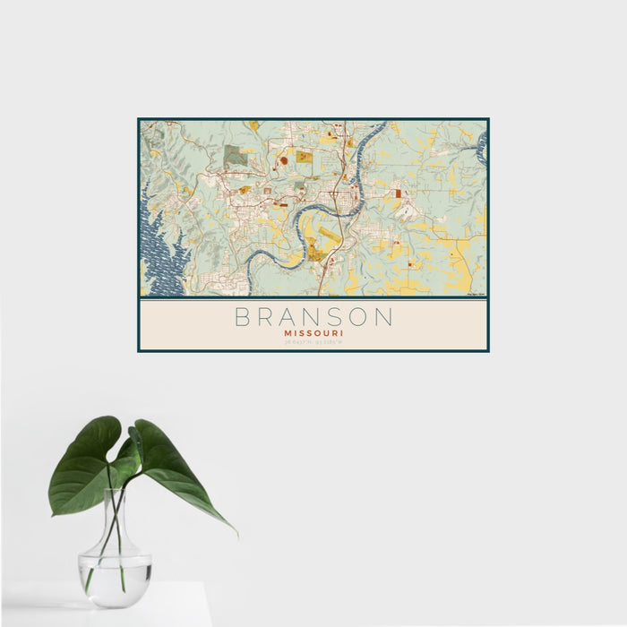 16x24 Branson Missouri Map Print Landscape Orientation in Woodblock Style With Tropical Plant Leaves in Water