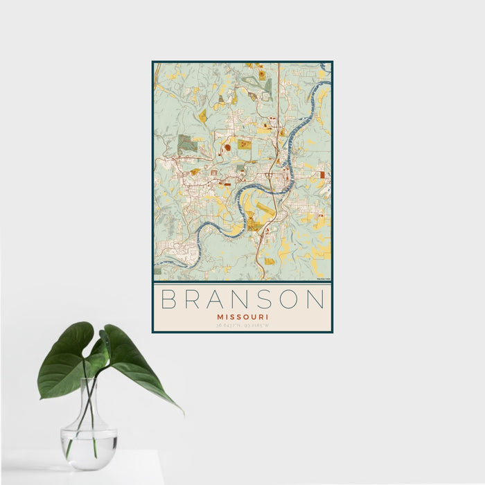 16x24 Branson Missouri Map Print Portrait Orientation in Woodblock Style With Tropical Plant Leaves in Water
