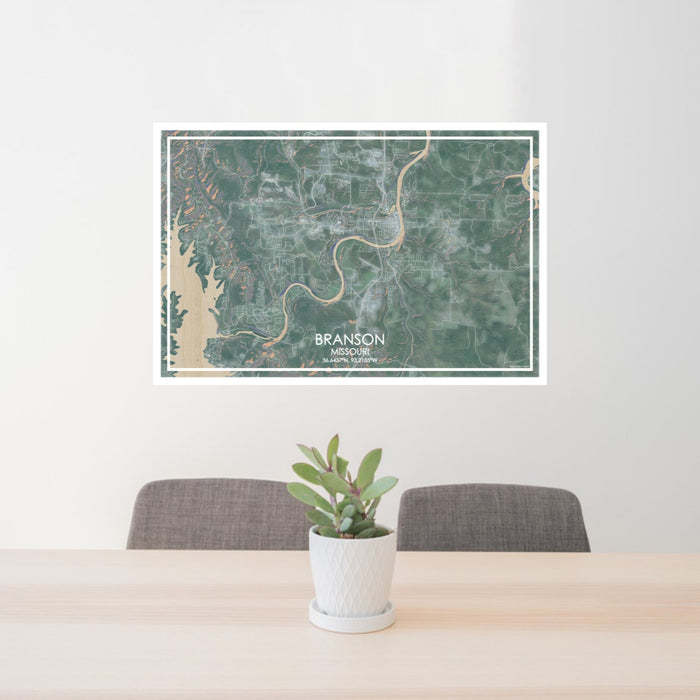24x36 Branson Missouri Map Print Lanscape Orientation in Afternoon Style Behind 2 Chairs Table and Potted Plant