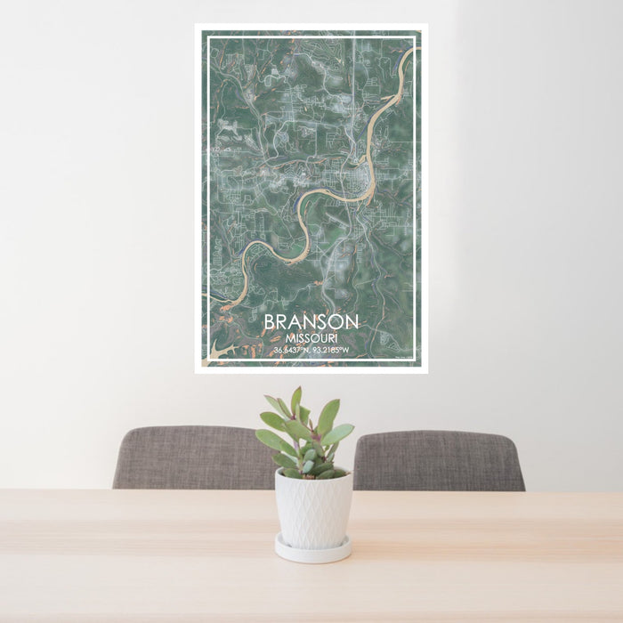 24x36 Branson Missouri Map Print Portrait Orientation in Afternoon Style Behind 2 Chairs Table and Potted Plant