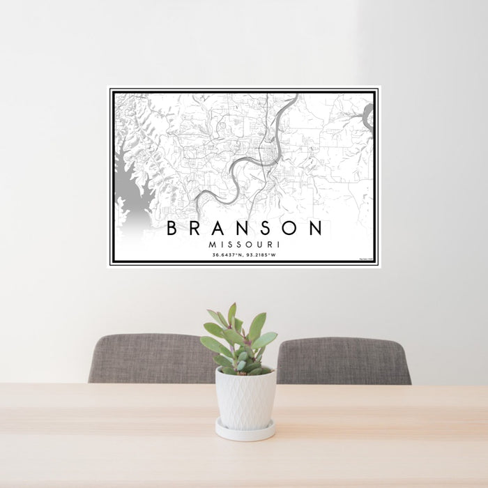 24x36 Branson Missouri Map Print Lanscape Orientation in Classic Style Behind 2 Chairs Table and Potted Plant