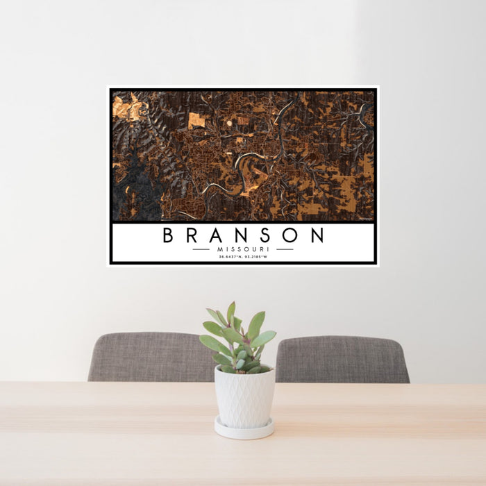 24x36 Branson Missouri Map Print Lanscape Orientation in Ember Style Behind 2 Chairs Table and Potted Plant