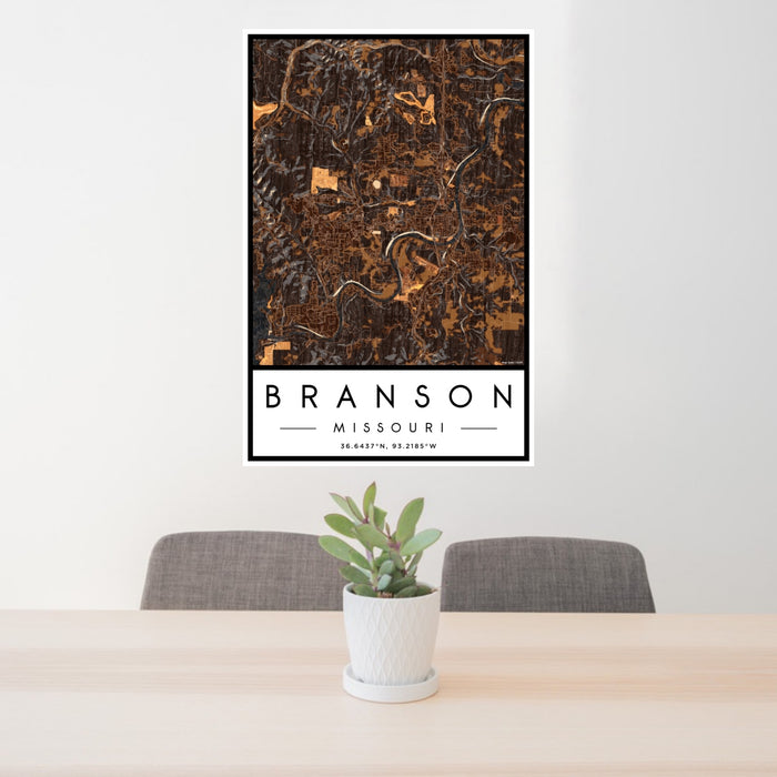 24x36 Branson Missouri Map Print Portrait Orientation in Ember Style Behind 2 Chairs Table and Potted Plant
