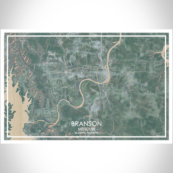 Branson Missouri Map Print Landscape Orientation in Afternoon Style With Shaded Background
