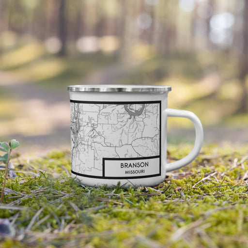 Right View Custom Branson Missouri Map Enamel Mug in Classic on Grass With Trees in Background
