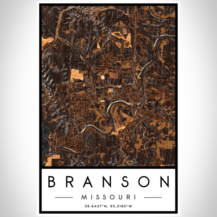 Branson Missouri Map Print Portrait Orientation in Ember Style With Shaded Background