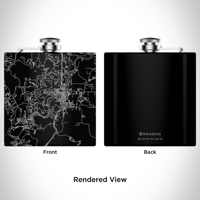 Rendered View of Branson Missouri Map Engraving on 6oz Stainless Steel Flask in Black
