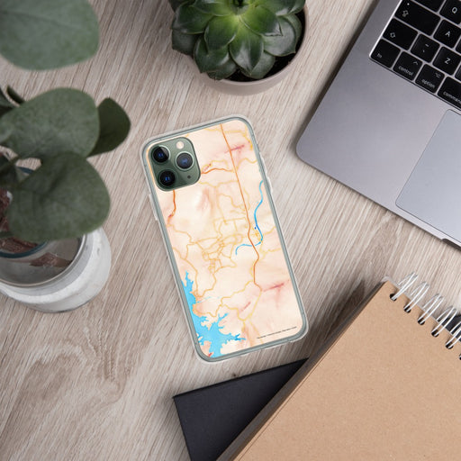 Custom Branson Missouri Map Phone Case in Watercolor on Table with Laptop and Plant