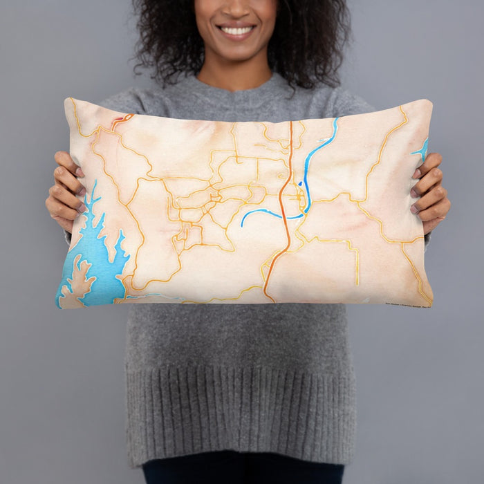Person holding 20x12 Custom Branson Missouri Map Throw Pillow in Watercolor
