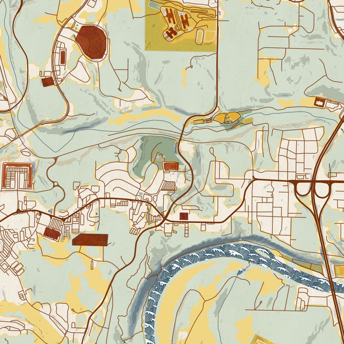 Branson Missouri Map Print in Woodblock Style Zoomed In Close Up Showing Details