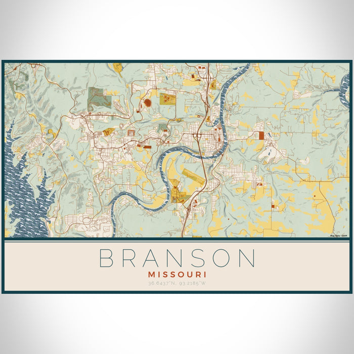 Branson Missouri Map Print Landscape Orientation in Woodblock Style With Shaded Background
