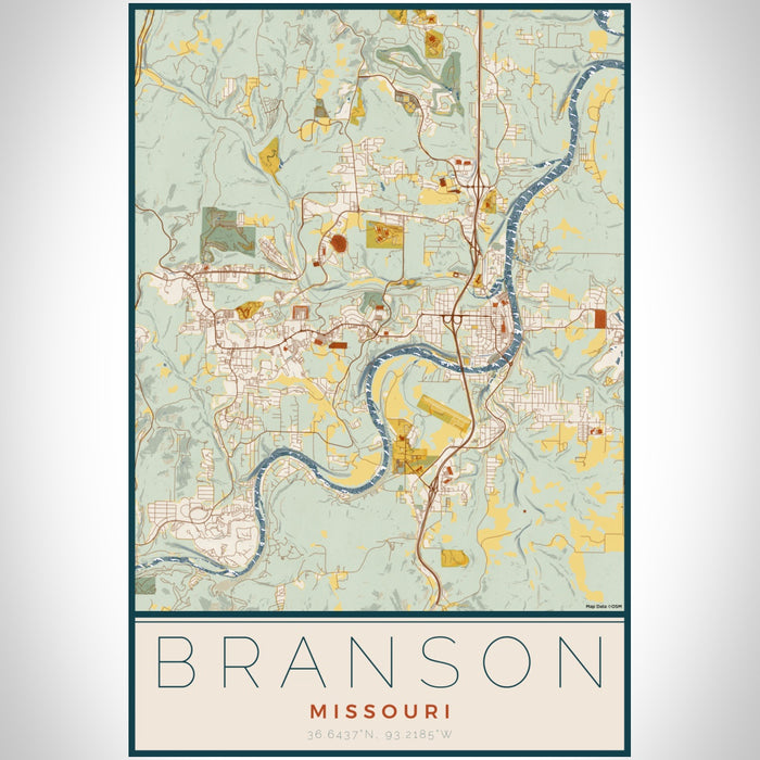 Branson Missouri Map Print Portrait Orientation in Woodblock Style With Shaded Background