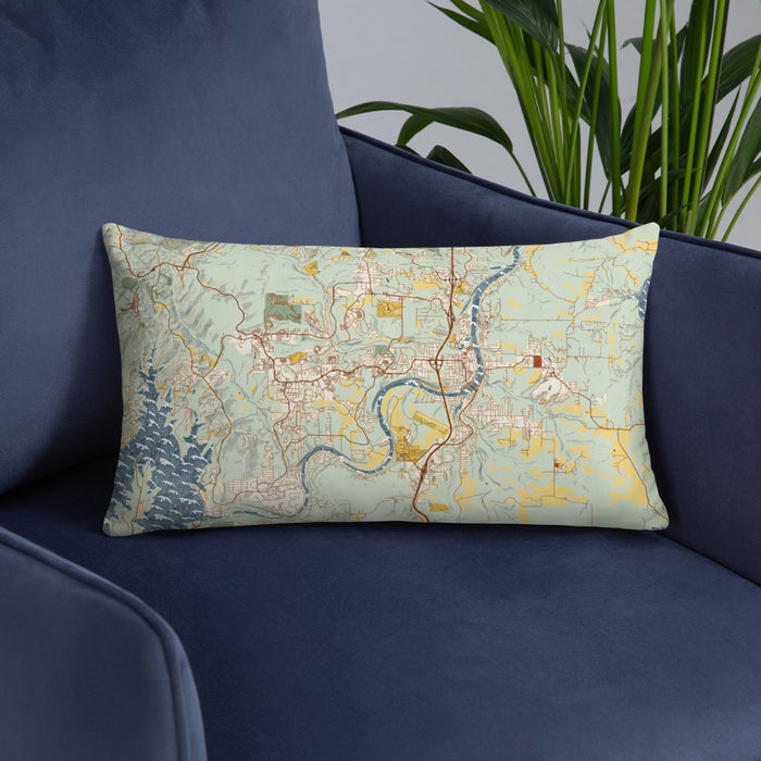 Custom Branson Missouri Map Throw Pillow in Woodblock on Blue Colored Chair