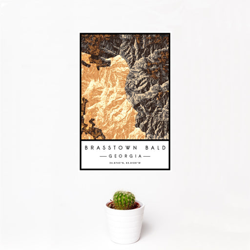 12x18 Brasstown Bald Georgia Map Print Portrait Orientation in Ember Style With Small Cactus Plant in White Planter