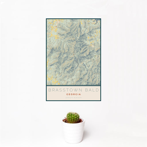 12x18 Brasstown Bald Georgia Map Print Portrait Orientation in Woodblock Style With Small Cactus Plant in White Planter