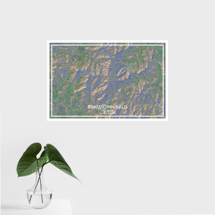 16x24 Brasstown Bald Georgia Map Print Landscape Orientation in Afternoon Style With Tropical Plant Leaves in Water