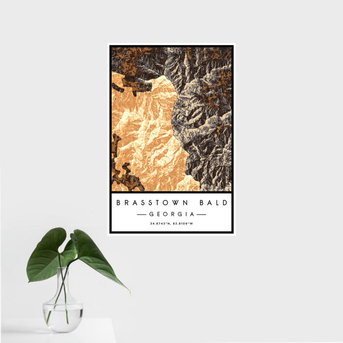 16x24 Brasstown Bald Georgia Map Print Portrait Orientation in Ember Style With Tropical Plant Leaves in Water
