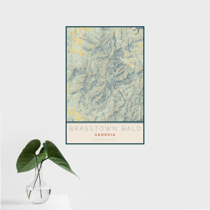 16x24 Brasstown Bald Georgia Map Print Portrait Orientation in Woodblock Style With Tropical Plant Leaves in Water
