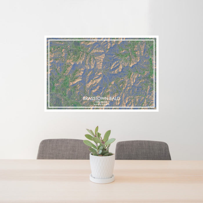 24x36 Brasstown Bald Georgia Map Print Lanscape Orientation in Afternoon Style Behind 2 Chairs Table and Potted Plant