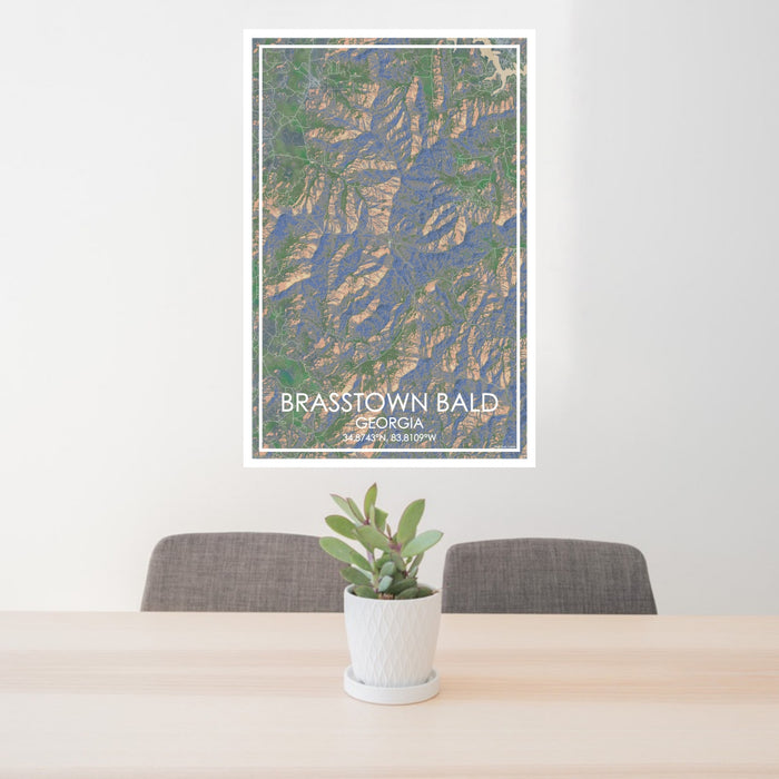 24x36 Brasstown Bald Georgia Map Print Portrait Orientation in Afternoon Style Behind 2 Chairs Table and Potted Plant