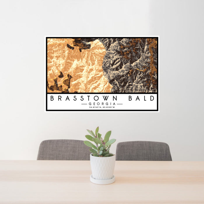 24x36 Brasstown Bald Georgia Map Print Lanscape Orientation in Ember Style Behind 2 Chairs Table and Potted Plant