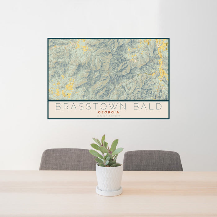24x36 Brasstown Bald Georgia Map Print Lanscape Orientation in Woodblock Style Behind 2 Chairs Table and Potted Plant