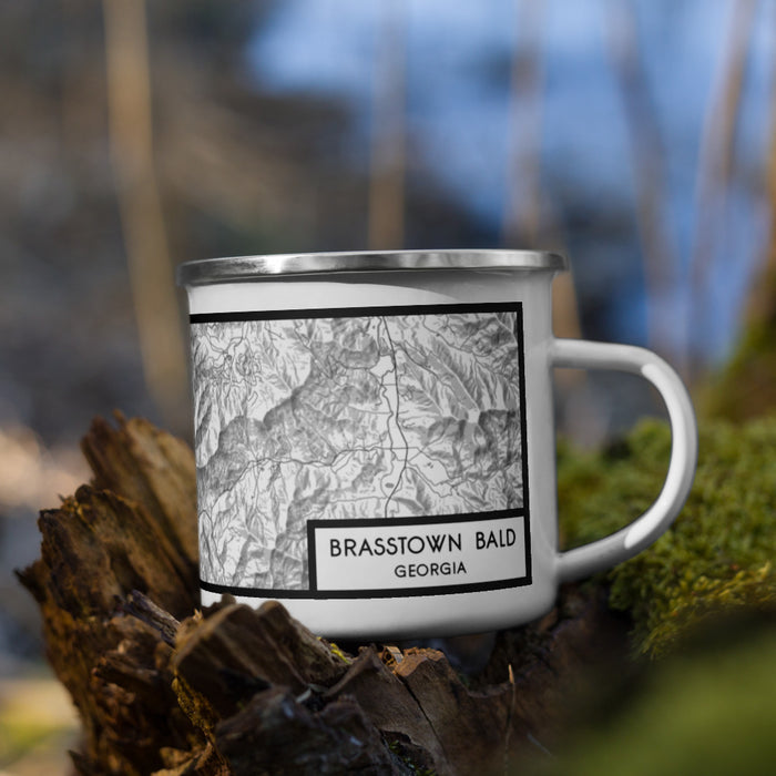 Right View Custom Brasstown Bald Georgia Map Enamel Mug in Classic on Grass With Trees in Background